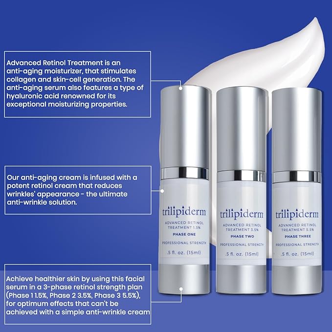 Trilipiderm Advanced Retinol Serum for Face, 3-Phase Anti Aging, 0.5 oz