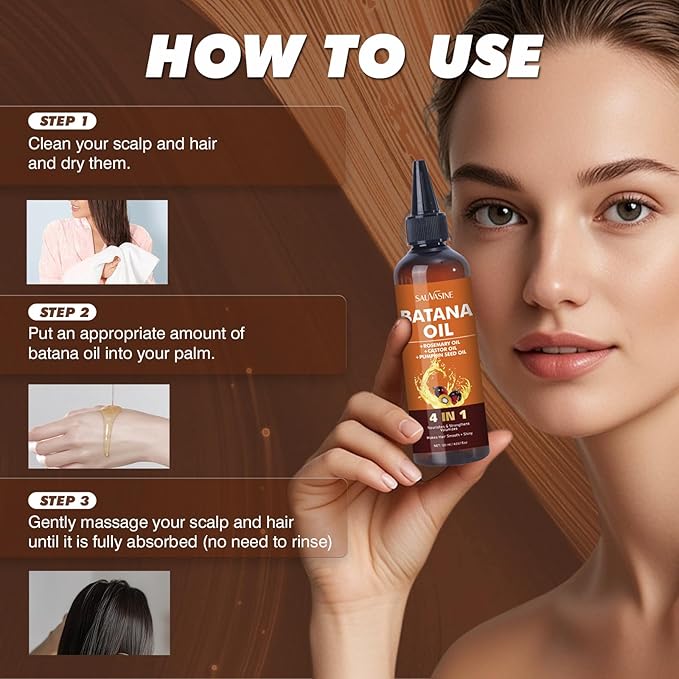 Organic Batana Oil for Hair Growth 4-in-1 Batana From Honduras with Rosemary,Pumpkin Seed,Castor Oil Deep nourishment,Strengthen Hair Roots Make Smooth&Shiny For Damaged Hair,Dry & Frizzy Repair 120mL