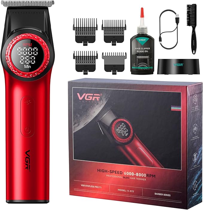 VGR 977 Cordless Hair Trimmer for Men with Zero-Gap T-Blade, Red