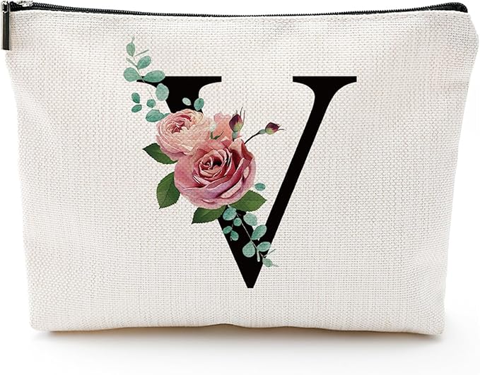 Comanro Initial A-Z Personalized Letter Makeup Bag, Monogrammed Bridesmaid Presents Cosmetic Bag, Portable Stationary Storage Organizer Pouch, Friendship LoveTravel Makeup Bags