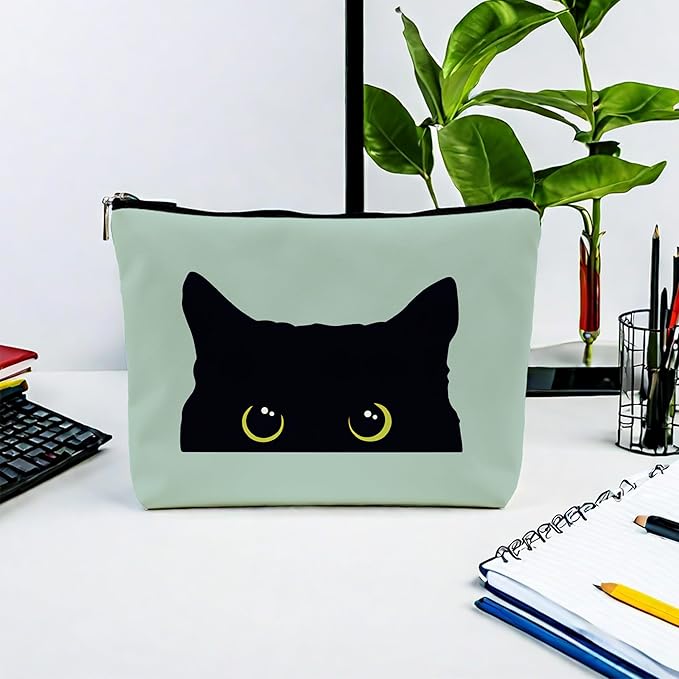 NEGIGA Black Cat Makeup Bag – Cute Cosmetic Pouch Travel Toiletry Bag, Zipper Organizer for Women Girls, Multifunction Cat Lover Gift Purse (Greener Pu Leather)