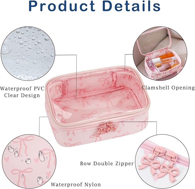 RSRSLEII Cute Clear Makeup Bag with Bow Patten,Transparent Nylon Travel Cosmetic Case with Zipper,Portable Makeup Organizer Pouch for Essentials(04Pinkbow-pink)