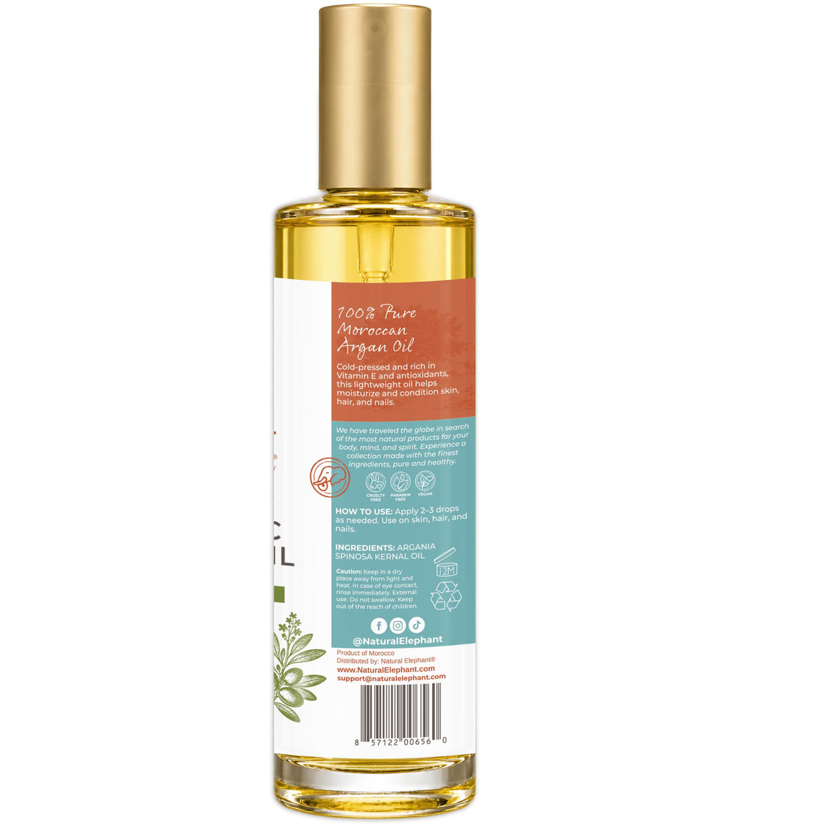 Natural Elephant USDA Certified Organic 100% Pure Argan Oil, Cold-Pressed, 100 ml (3.38 fl oz) - Nourishing & Hydrating for Skin, Hair, and Nails