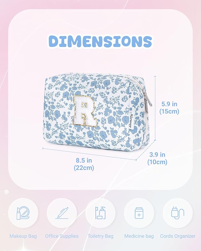 Narwey Birthday Gifts for Teen Girls Kids Women Personalized Initial Floral Makeup Bag Cute Cosmetic Trendy Stuff 6 8 10 11 12 13 14 16 18 Years Old Travel Toiletry Bag (Little Blue Flower R)