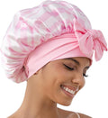 GDTOGRT Satin Silk Bonnet for Sleeping Women, Double Layer Sleep Hair Bonnets Caps for Curly Natural Hair with Tie Band - Pink Stripe