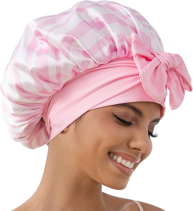GDTOGRT Satin Silk Bonnet for Sleeping Women, Double Layer Sleep Hair Bonnets Caps for Curly Natural Hair with Tie Band - Pink Stripe