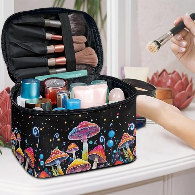 Drydeepin Colorful Mushrooms Pattern Makeup Bag Travel Cosmetic Bag with Zipper and Handle Portable Large Capacity Toiletry Case for Women Ladies Travel Accessories