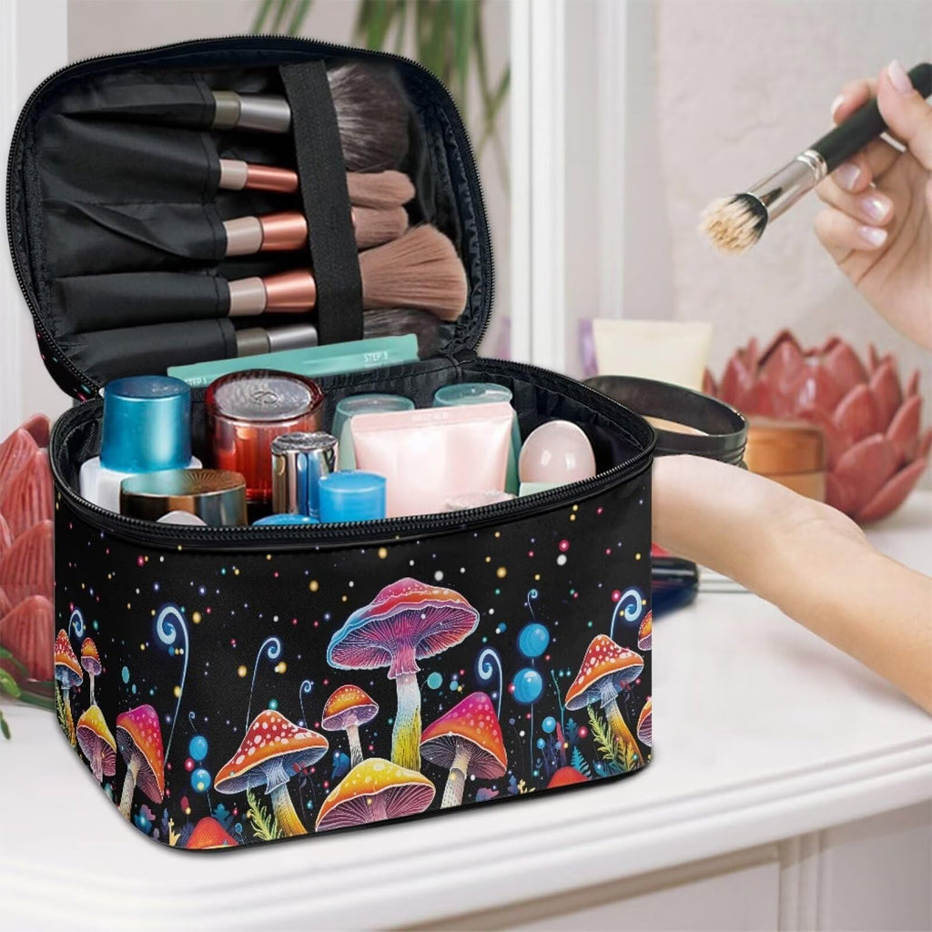 Drydeepin Colorful Mushrooms Pattern Makeup Bag Travel Cosmetic Bag with Zipper and Handle Portable Large Capacity Toiletry Case for Women Ladies Travel Accessories