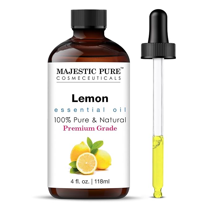 Majestic Pure Essential Oil with Glass Dropper - 100% Pure and Natural - Essential Oils for Diffuser, Aromatherapy, Soap and Candle Making, Lemon Essential Oil, Lemon Oil, 4 Fl Oz