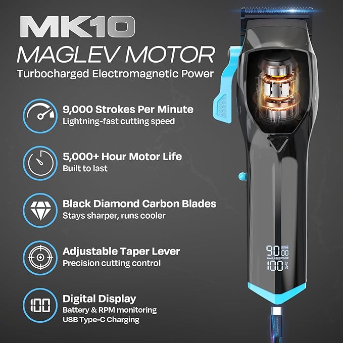 HUMMINGBIRD MK10 Pro Series Cordless Hair Clippers – 9,000 RPM Brushless Motor, DLC Blade, USB-C Rechargeable, Super Torque, Professional Barber Clippers, Haircut Kit, Includes Barber Cape & Comb