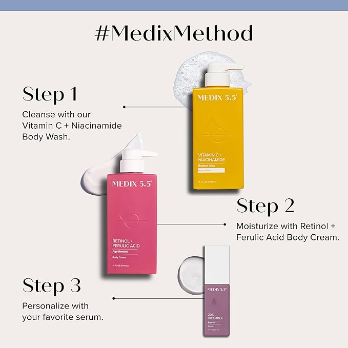 Medix 5.5 Vitamin C Body Wash + Retinol Body Lotion Crepey Skin Moisturizer 2-Piece Set, Anti Aging Body Cream + Gel Body Cleanser Skincare Set for Women, Men, & Firmer Looking Skin