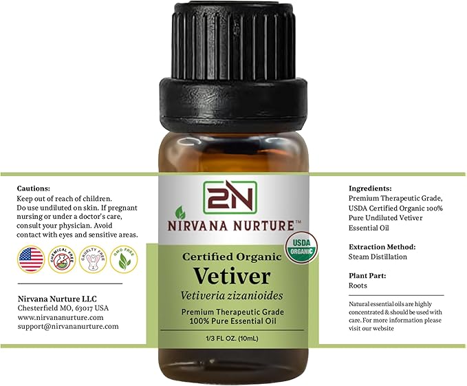 Nirvana Nurture Vetiver Essential Oil, USDA Certified Organic, 100% Pure Undiluted, Aromatherapy Oil for Diffuser, Hair & Skin Care