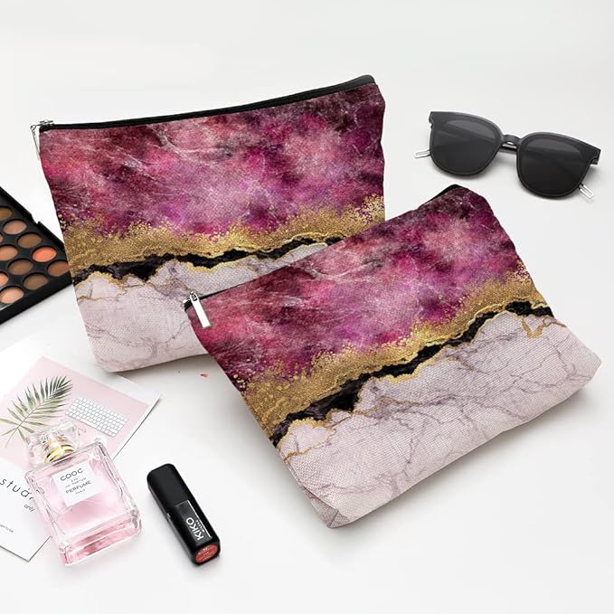 Givotin Cute Makeup Bag for Purse Canvas Waterproof Funny Cosmetic Bags for Women Zipper Travel Toiletry Pouch-Wine Marble Makeup Bags