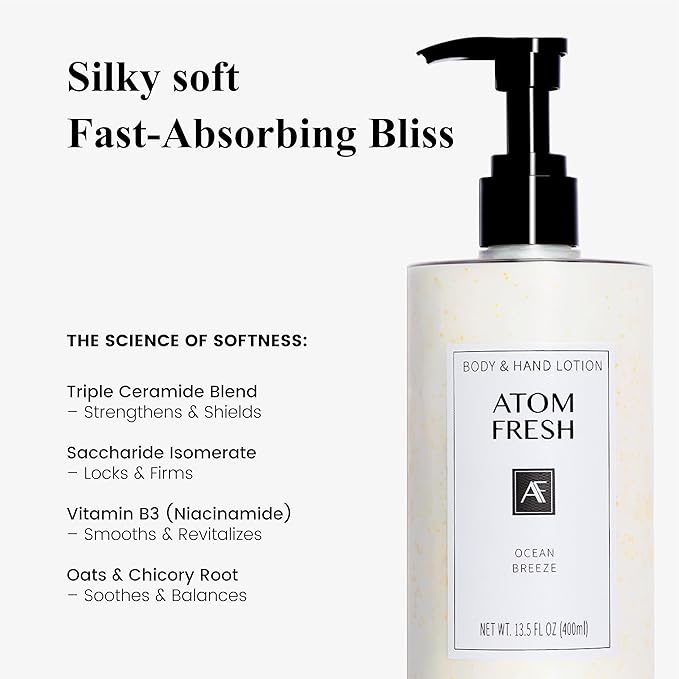 Atom Fresh Firming Body Lotion with 2% Niacinamide & Peptides, Fast-Absorbing Daily Moisturizer for Dry Skin, Ceramide Barrier Repair, Comfy Woody, 13.5 fl oz