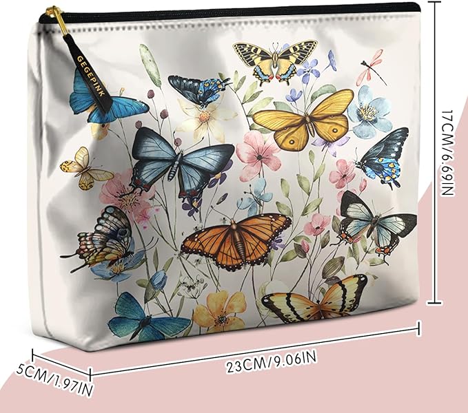 GEGEPINK Cute Makeup Bag for Purse Waterproof Cosmetic Bags for Women Funny Smooth Zipper Travel Toiletry Pouch 10X8 Inches-Butterfly Wildflower Makeup pouch