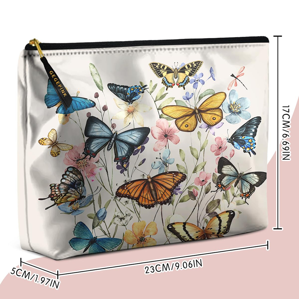 GEGEPINK Cute Makeup Bag for Purse Waterproof Cosmetic Bags for Women Funny Smooth Zipper Travel Toiletry Pouch 10X8 Inches-Butterfly Wildflower Makeup pouch