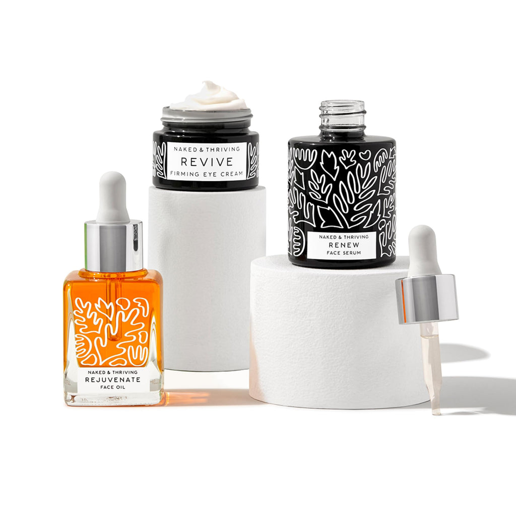 Naked & Thriving Restorative Night Routine | Renew Night Serum (30 mL) + Revive Eye Cream (15 mL) + Rejuvenate Face Oil (35 mL) with Peptides, Squalane, Hyaluronic Acid, and Fruit AHAs (Set of 3)