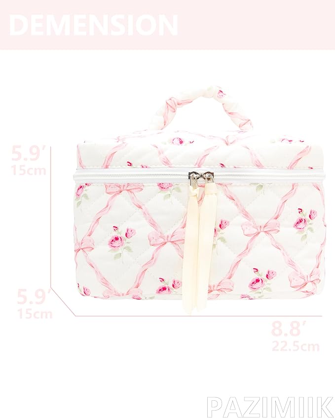 Quilted Makeup Bag for Women, Travel Cosmetic&Toiletry Bag,Bow Rose