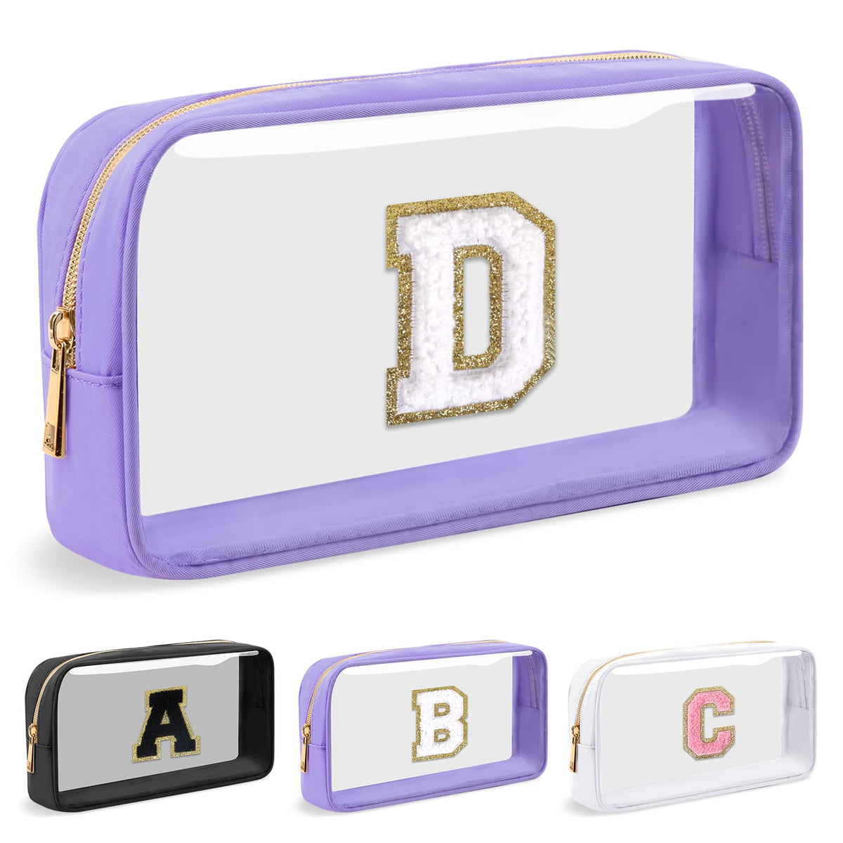 UIXIZQ Personalized Initial Letter Bag Boho Straw Clear Makeup Bag,Small Cute Chenille Varsity Letter Bag With Zipper,Beach Travel Toiletry Bag,Portable Monogrammed Cosmetic Bag for Women Girls,D