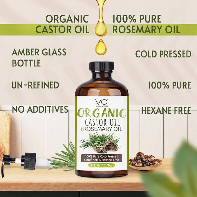Organic Castor Oil with Rosemary Oil 8oz Glass Bottle For Hair Growth