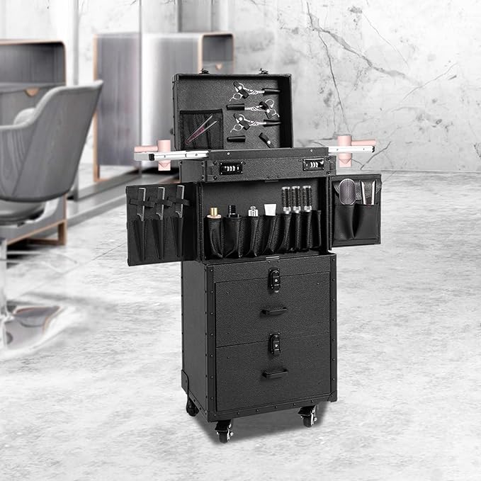 REHOUPTU Large Capacity Cosmetic Train Case, Lockable Makeup Train Case with 4 Universal Casters, 32.28 Inch Tall Travel Organizer Tool Box for Barber Stores Beauty Stores Nail Salons