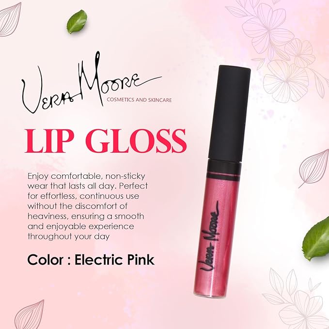 VERA MOORE COSMETICS AND SKIN CARE Lip Gloss, Moisturizing Lip Color with Shimmer for Long Lasting Shine, Lightweight Lip Stain, Non-Sticky Lip Gloss with Aloe Vera, W/Vitamin C, E (Electric Pink)