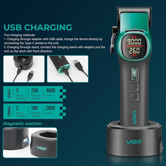 VGR 885S2 Professional Hair Clippers for Men with Hair Trimmer Set, Green