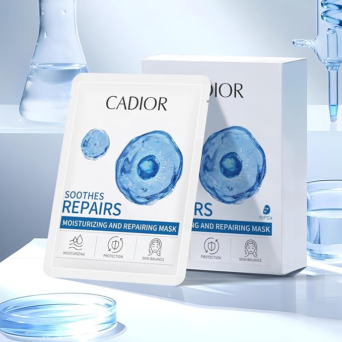 CADIOR Moisturizing and Soothing Face Mask with Panthenol and Sodium Hyaluronate, Hydrating & Radiance Boosting, Safe for Sensitive Skin, Charcoal Face Mask, Pack of 10