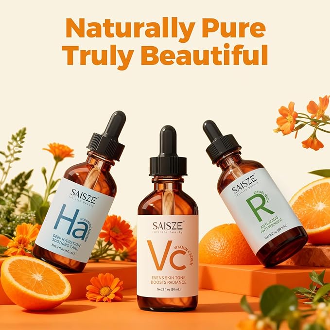 SAISZE Vitamin C Serum for Face, Facial Serum for Dark Spot, Skin Care Gifts for Women, Birthday Gift for Her, Anti Aging with Vitamin C, Hyaluronic Acid, 60ml