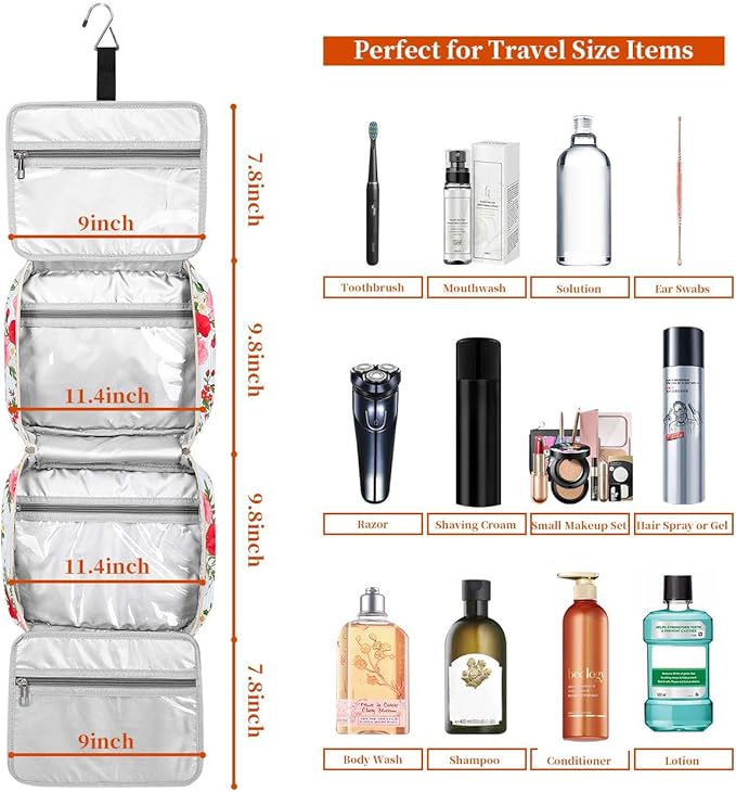 Bosidu Hanging Travel Toiletry Bag, Large Capacity Cosmetic Travel Toiletry Organizer for Women with 4 Compartments & 1 Sturdy Hook, Perfect for Daily Use/Christmas