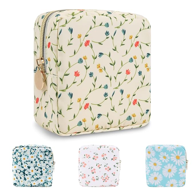 UIXIZQ Waterproof Mini Floral Makeup Bag Pouch for Purse,Nylon Flower Cosmetic Bag Small Preppy Toiletry Organizers Bag for Women Girl,Cute Zipper Pouch Coin Purse for Work(Mini Light Yellow-Flowers)