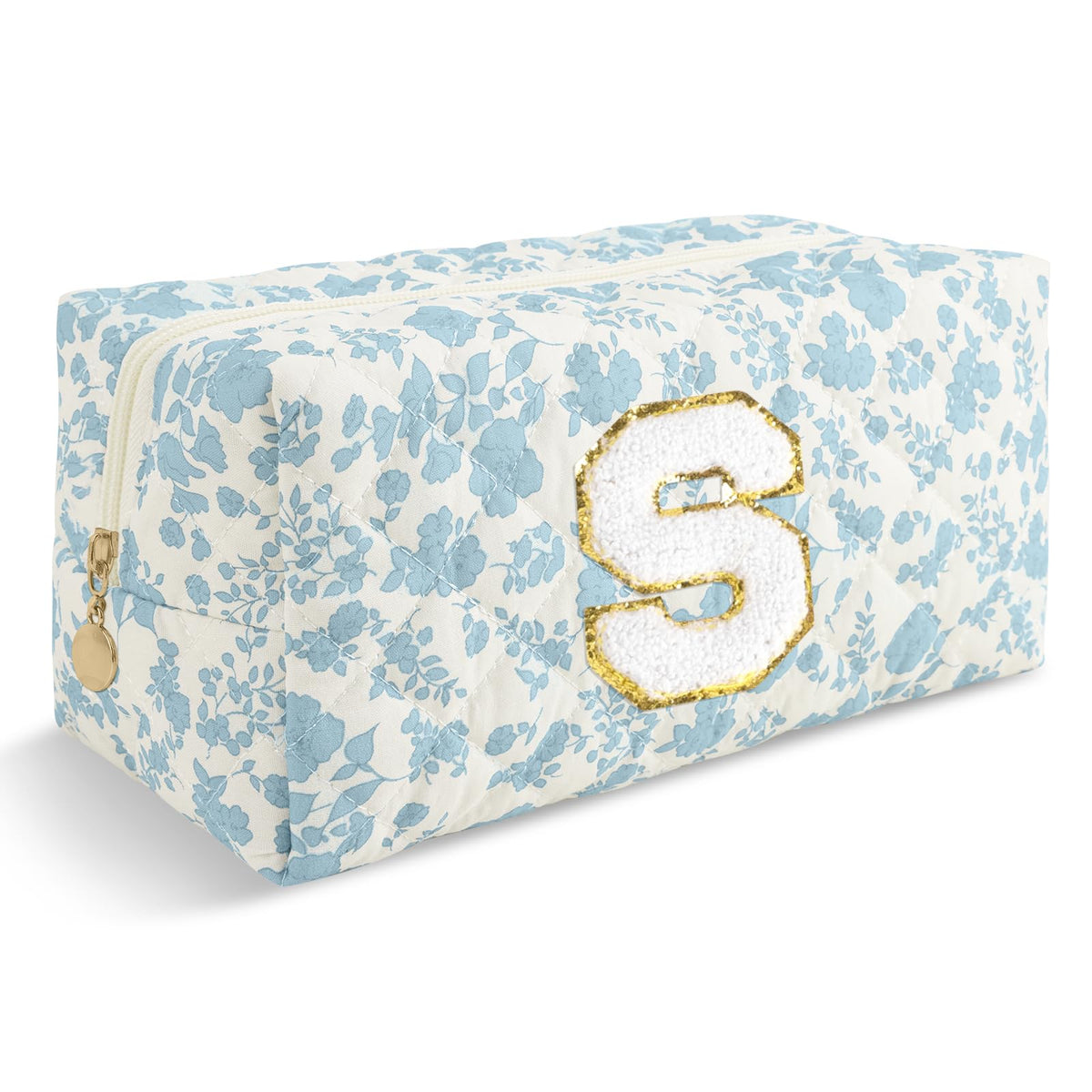 Small Personalized Initial A-Z Preppy Patch Makeup Bag,White PU Chenille Letter Travel Cosmetic Pouch with Zipper,Cute Toiletry Bag,Gift Ideal for Teen Girls Women Teacher Bridesmaid,Letter S