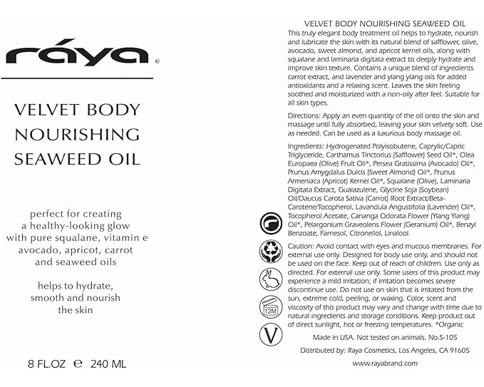 Raya Velvet Body Nourishing Seaweed 8 oz Oil (S-105) | Hydrating and Nourishing Body Treatment | Made with Natural French Seaweed Oil, Vitamins, and Minerals