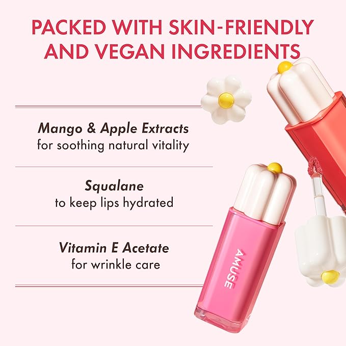 Amuse SEOUL Daisy Flower Dew Tint (10 PEACH BUNNY) - Glossy Moisturizing Lip Stain, Watery Glow Lip Tint, Long Lasting Color, Dewy Finish, Vegan, Korean Beauty Makeup