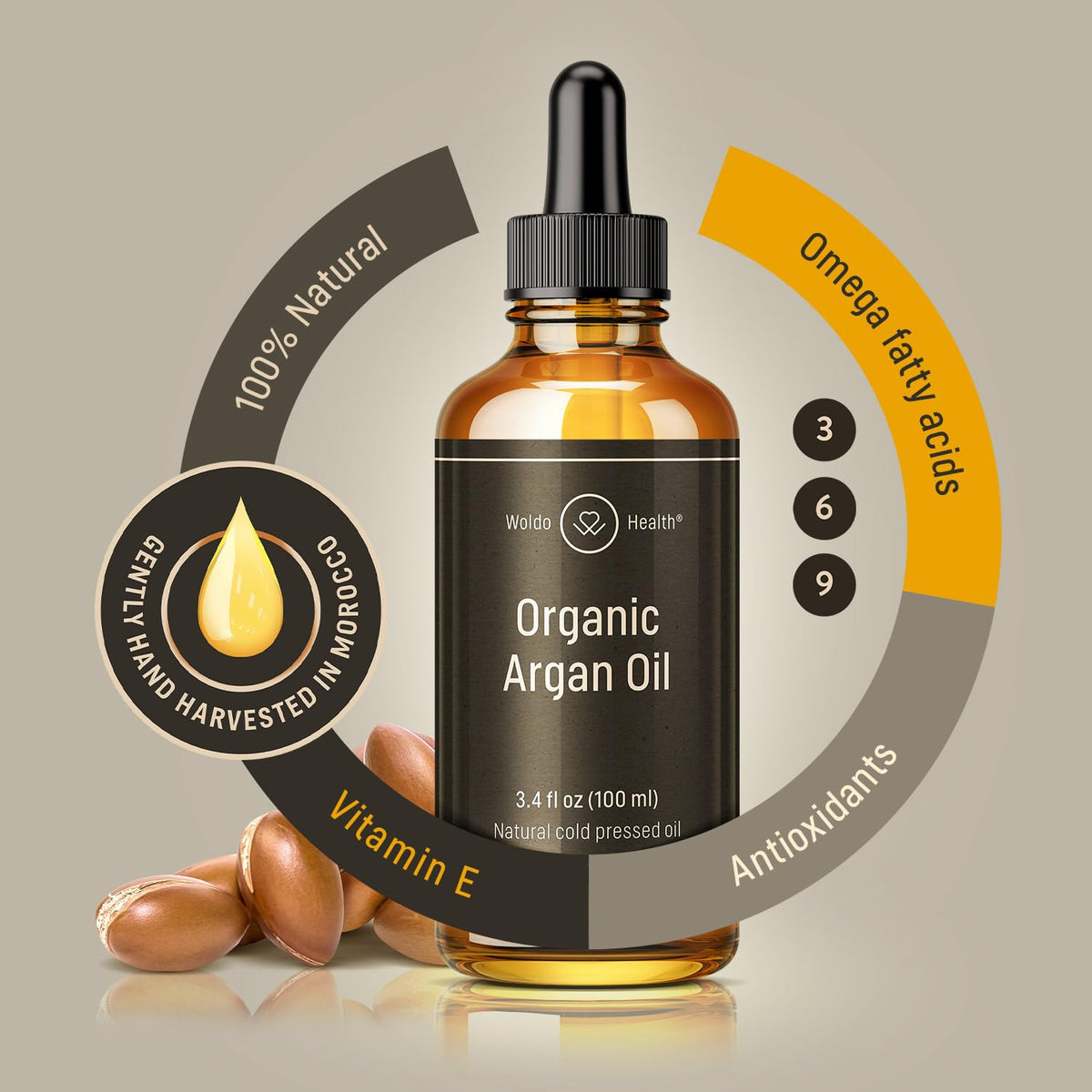 Organic Argan Oil Cold Pressed 3.4 Fl Oz - Moroccan Beauty Oil for Hair, Skin, Nails & Face, Vitamin E Rich, Non-Greasy, Natural Moisturizer