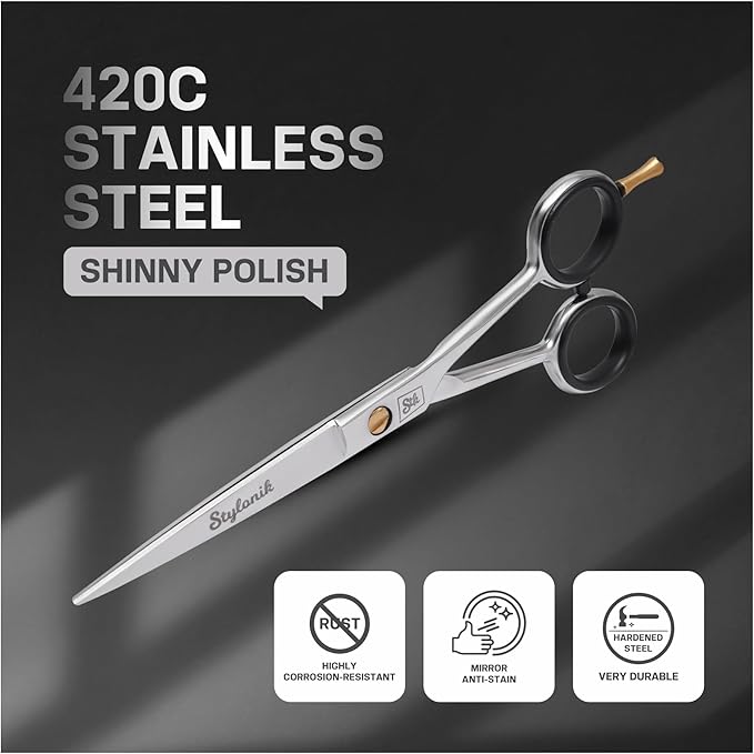 Stylonik Hair Cutting Scissors-Professional Hairdressing Scissors for Women,Men,Hair Stylists,Salon,Barber- 6.5-Inch Stainless Steel Hair Scissors with Finger Rest (Classic Scissor Shinny Polish)
