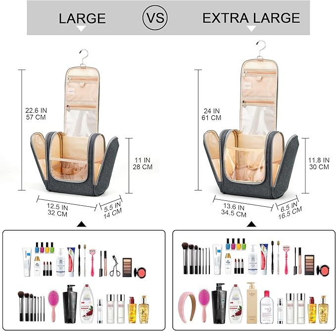 COOSKY Hanging Toiletry Bag for Women & Men, Cruise Ship Travel Essentials, Holds Full Size Shampoo, with Dry and Wet Separation Cosmetic Bag, Makeup Organizer Bag, Bathroom Water-resistant Bag, Grey