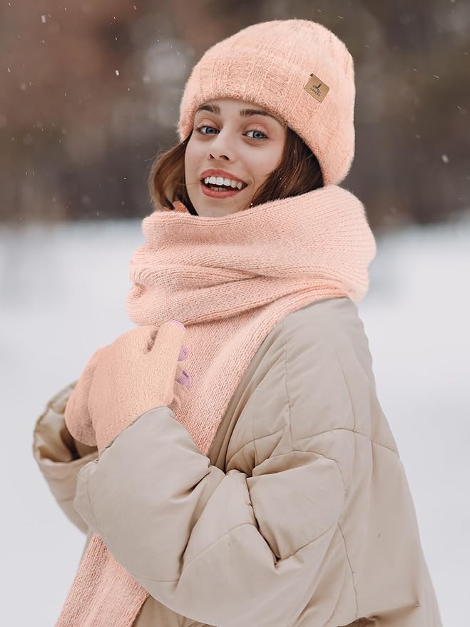 LOROME Winter Beanie Hat Gloves Scarf, Cashmere Hat Gloves Scarf Set Women