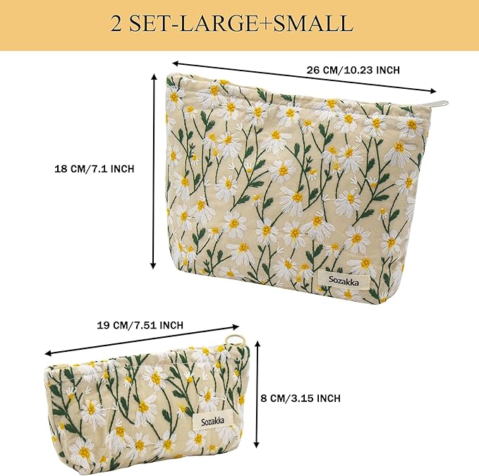 getgto 2 Pcs Makeup Bags, Large Cosmetic Bag Travel Toiletry Bag Organizer for Women, Embroidery Craft, Floral Makeup Bag Small Cosmetic Pouch Purse with Zipper Gifts for Girls Teen