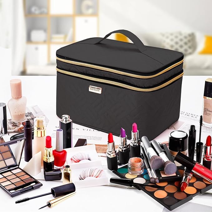 BAFAMYE 8.8L Double Layer Travel Makeup Bag With Mirror For Women, Large Cosmetic Case, Organizer for Travel-Size Accessories Bottles, Brushes,and Skin Care Products, 2.33 GAL, Black