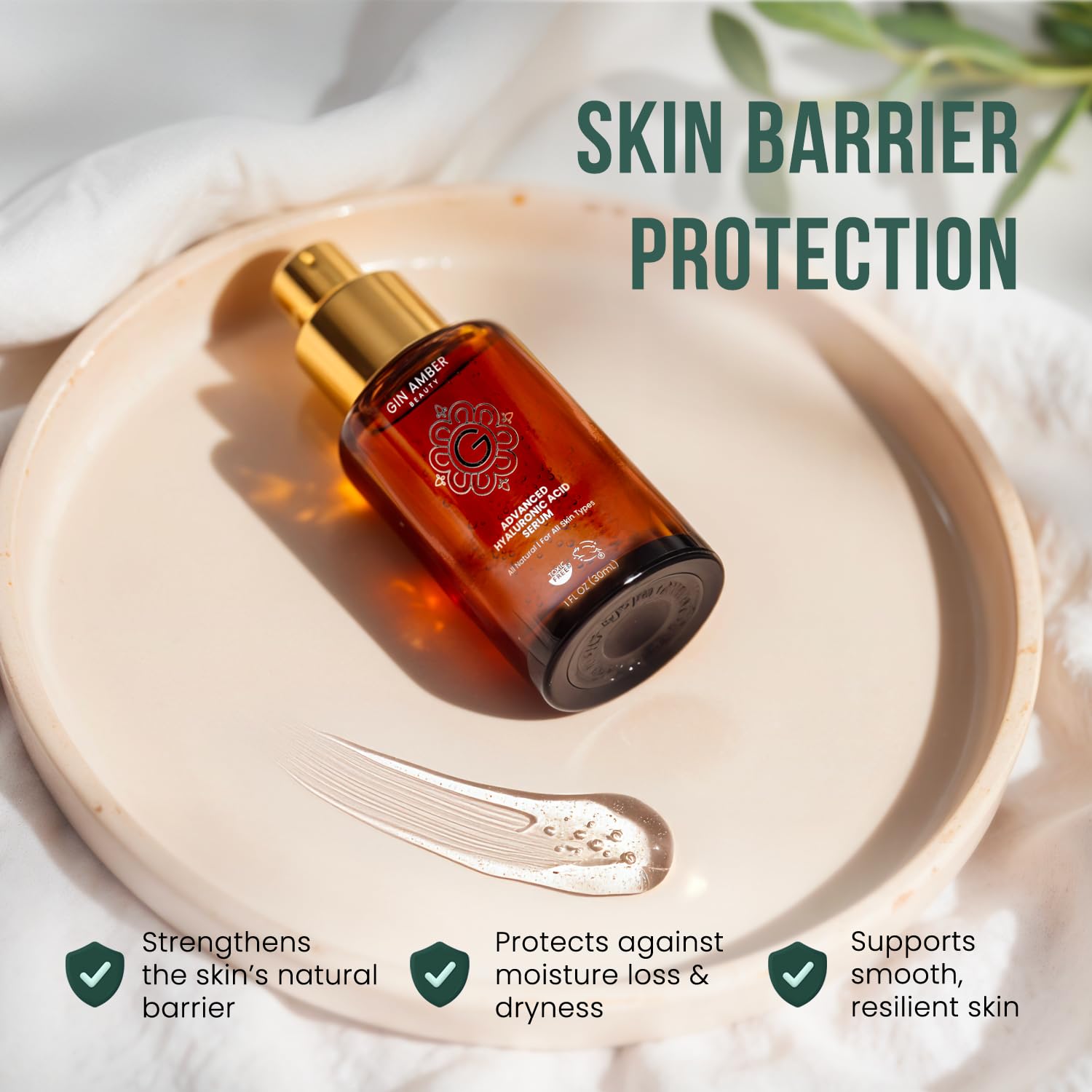 Gin Amber Beauty Hyaluronic Acid Serum - Hydrating Facial Serum, 1 fl oz