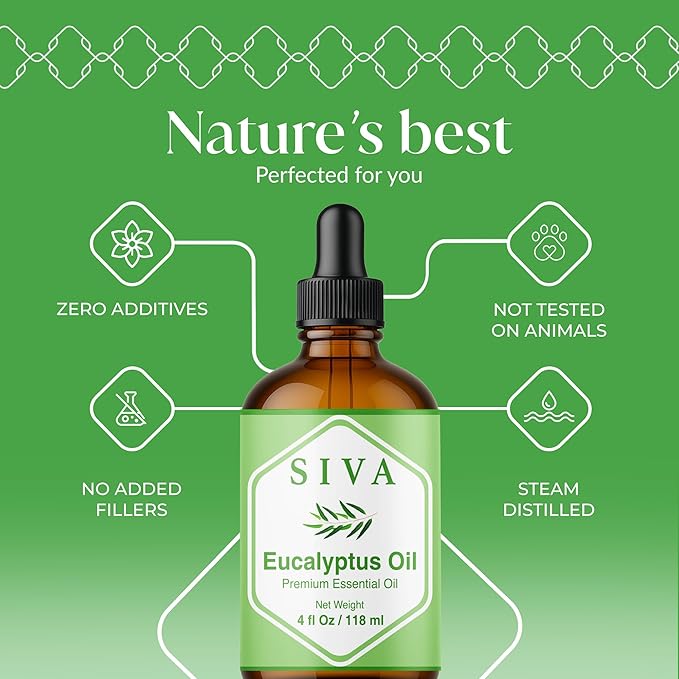 Siva Eucalyptus Essential Oil 4 Fl Oz – for Diffuser, Skin & Hair Care – Ideal for Aroma, Massage & DIY Blends- with Dropper