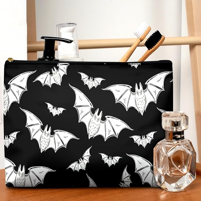 GEGEPINK Cute Makeup Bag for Purse Waterproof Cosmetic Bags for Women Funny Smooth Zipper Travel Toiletry Pouch 10X8 Inches-Halloween Bat Makeup pouch