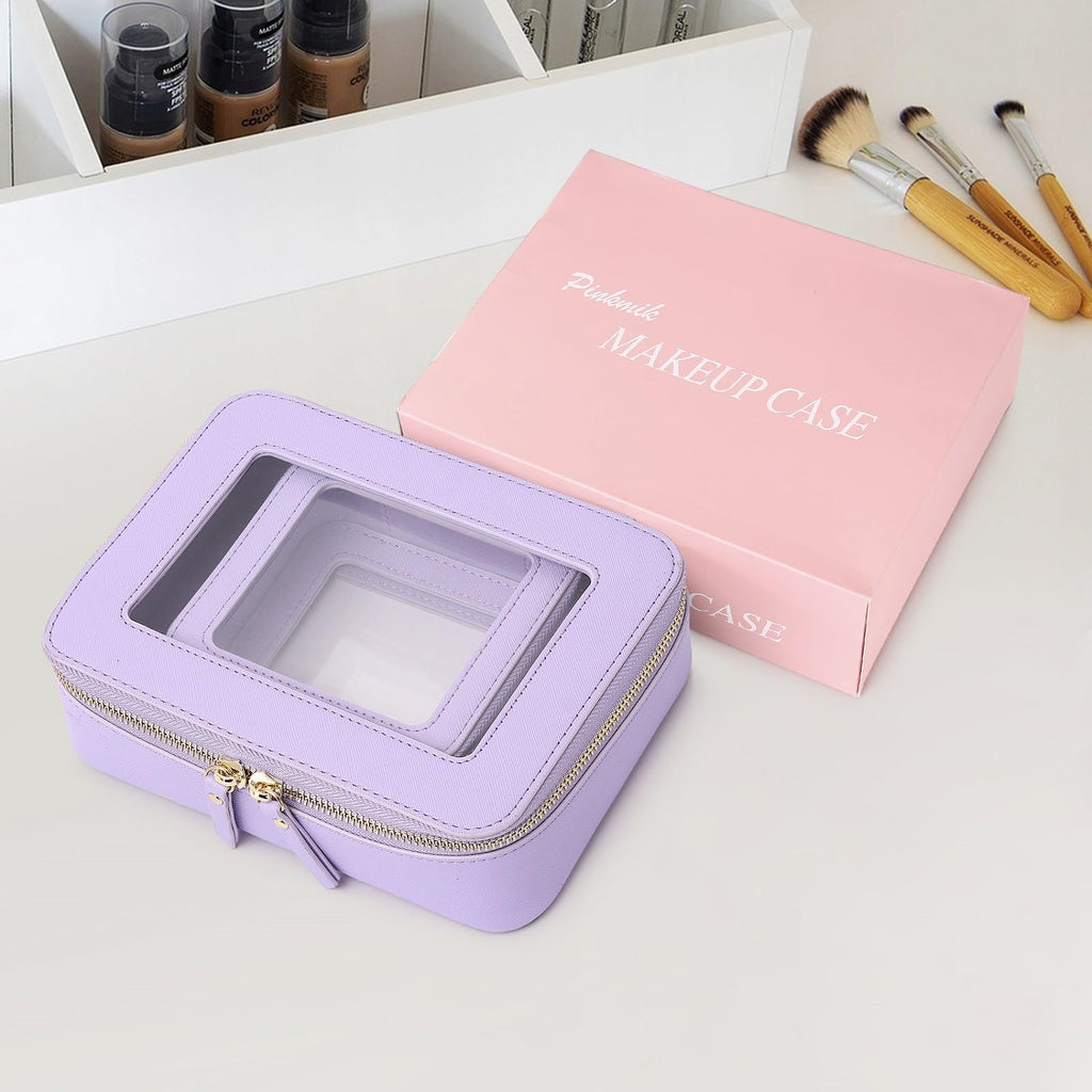 Pinkmik Clear Makeup Bag Waterproof Travel Case for Cosmetics and Toiletries Women's Purse Organizer and Clear Car Bag with Zipper (X/Purple, M+MINI)