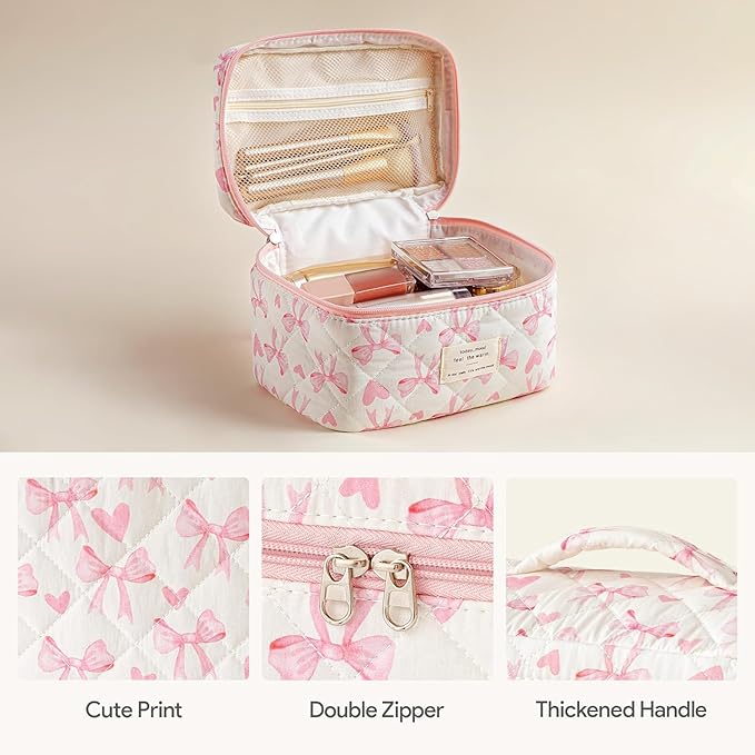 HBselect Quilted Makeup Bag, 3Pcs Cotton Large Travel Makeup Bags Organizer