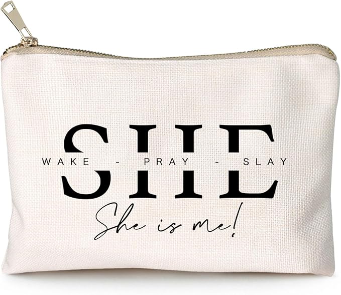 HubbgDesign She Wake Pray Slay Makeup Bag, Motivational Cosmetic Pouch for Women, I Am Strong Affirmation Makeup Case, Boss Girl Travel Toiletry Bag, Gift Idea for Her