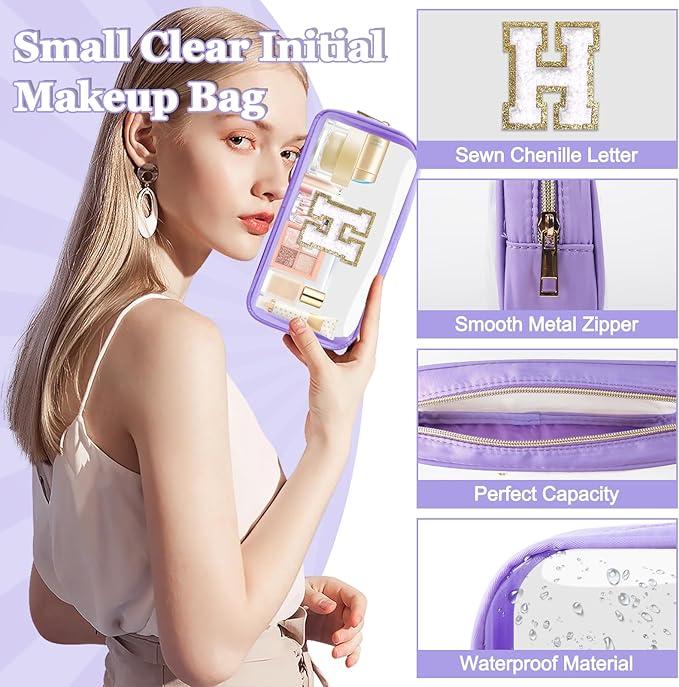 Small Clear Personalized Initial Makeup Bag,Nylon Preppy A-Z Chenille Letter Patch Cosmetic Pouch Beach Toiletry Bag,Waterproof Zip Travel Purse Storage Bag Organizer for Women Girls(Purple-White H)