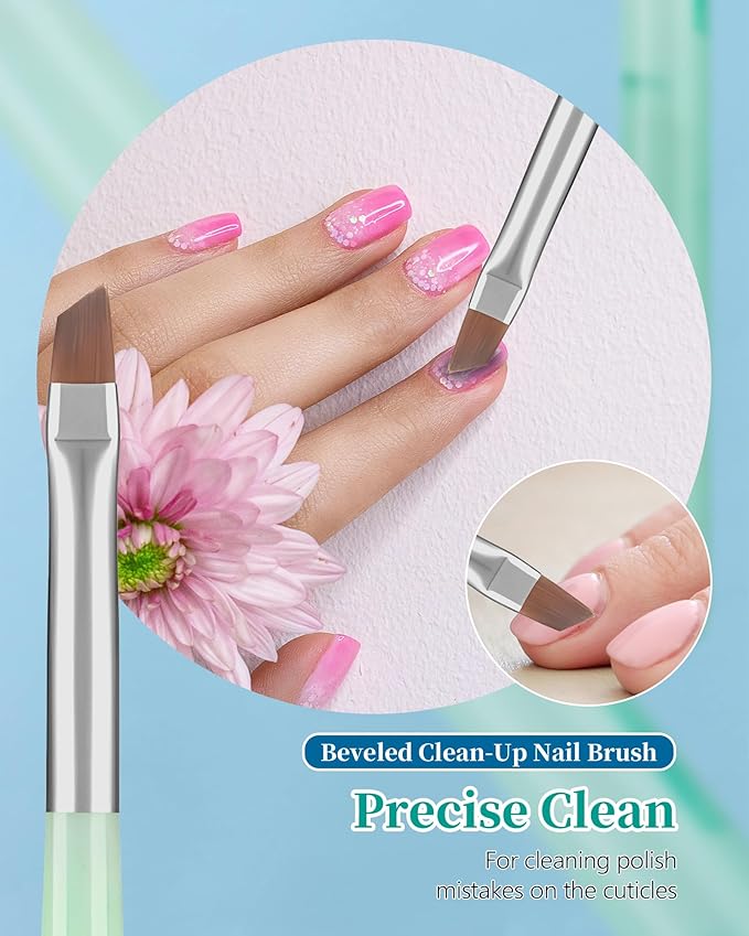 AMilHiTon 3PCS Nail Polish Clean Up Brush, Round/Flat/Angled, Emerald Green