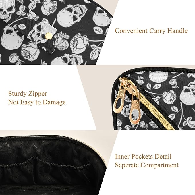 MNSRUU Makeup Organizer Bag, Skull with Rose Print Travel Makeup Bags Makeup Vanity Case Large Capacity Rhombus Cosmetic Toiletry Bag for Girl Women Ladies