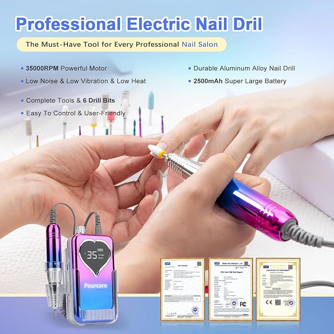 Rechargeable Nail Drill 35000RPM Electric Nail File for Acrylic & Gel Long Lasting Battery 6pcs Polishing Tools and Sanding Bands Kit Portable for Home Salon and Travel - Sunset Blue